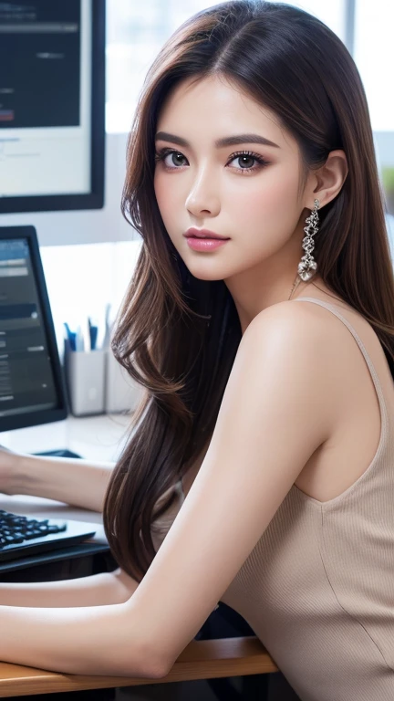 beautiful detailed eyes, beautiful detailed lips, extremely detailed eyes and face, longeyelashes, elegant office lady, professional business attire, office setting, desk, computer, paperwork, (highres,masterpiece:1.2),ultra-detailed,(realistic,photorealistic,photo-realistic:1.2),HDR,UHD,studio lighting,ultra-fine painting,sharp focus,physically-based rendering,extreme detail description,professional,vivid colors,bokeh,intricate details,highly realistic,photorealistic portrait