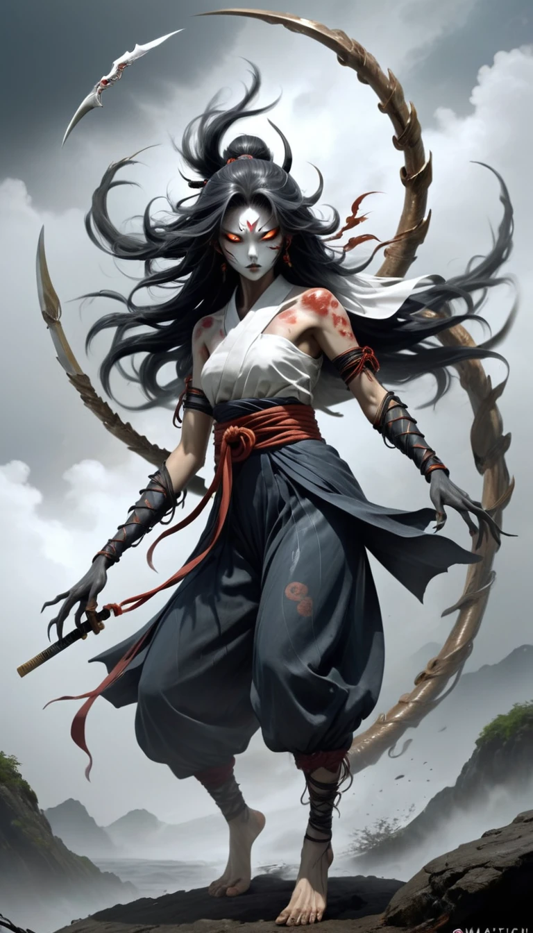 Kamaitachi: "Generate a hyper-realistic and high-definition image of a Kamaitachi, a wind spirit from Japanese folklore, with sharp, scythe-like claws and a swift, ghostly form."
