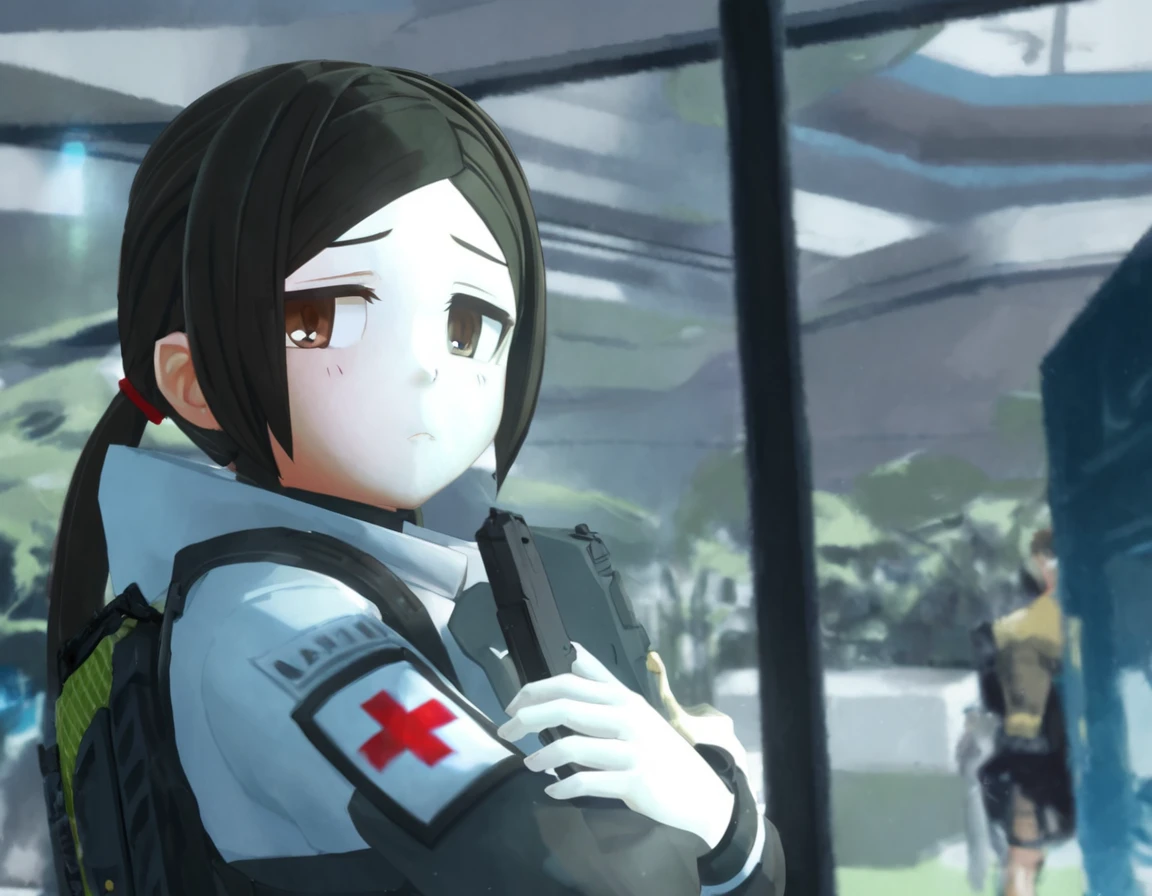 Portrait of a young girl, black and white techwear parka, plate carrier vest with pouches, brown hair, parted bangs, revealed forehead, low twintails, tired brown eyes, rigid military rucksack, pistol in holster on chest