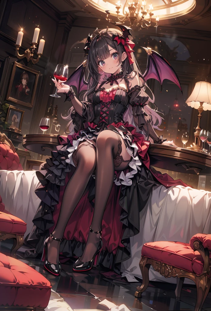 masterpiece, best quality, high resolution, extremely detailed CG, absurdres, highres, 1girl, solo, a vampire girl in gothic costume, sat near a round table with a brandy glass filled with red wine, bat_wings on head, heels, frills, luxury hall, Colorful portraits