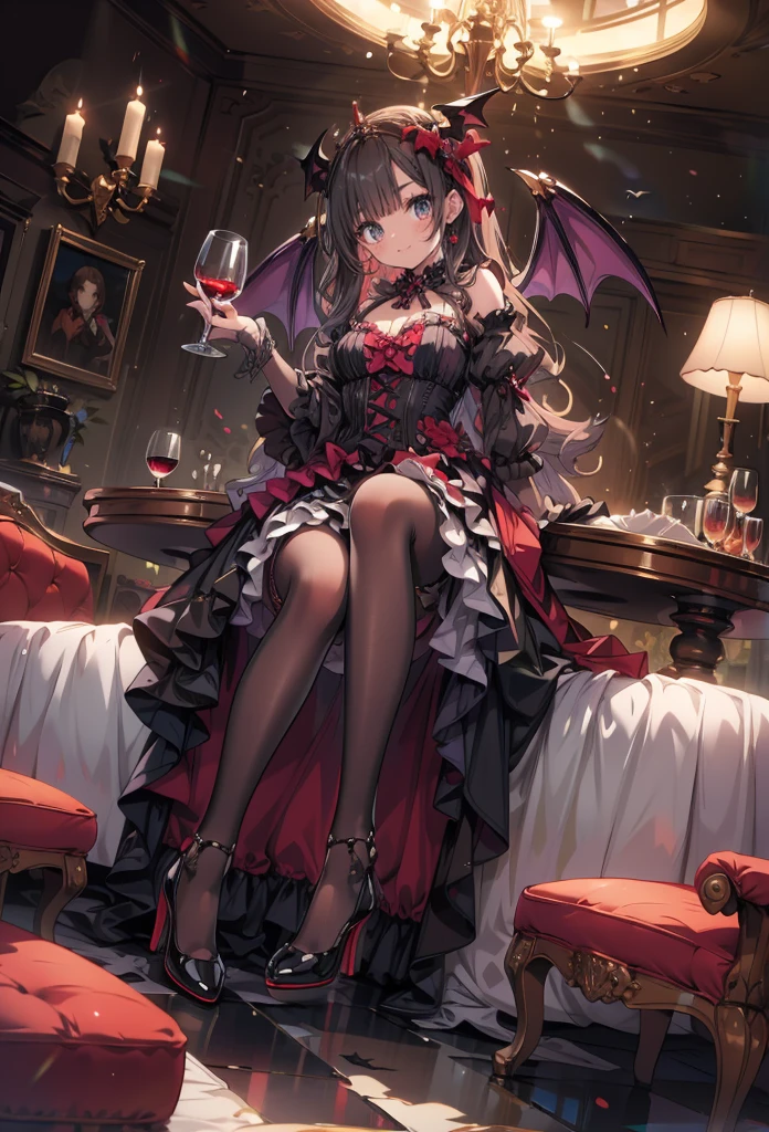 masterpiece, best quality, high resolution, extremely detailed CG, absurdres, highres, 1girl, solo, a vampire girl in  gothic costume, sat near a round table with a brandy glass filled with red wine, bat_wings on head, heels, frills, luxury hall, Colorful portraits