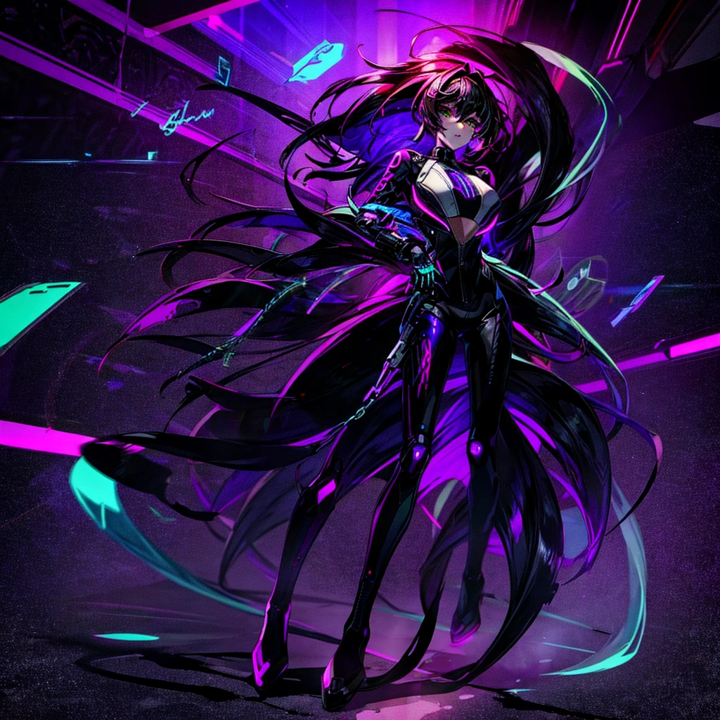The image you describe is captivating and full of mystery.. The girl on the motorcycle, with its futuristic appearance and shiny chains, becomes an enigma on the night streets. His body wrapped in a purple and black jumpsuit, His green eyes shining with passion and obedience, and his red hair blowing in the wind as he accelerates on his cyberpunk motorcycle. In this world where technology and passion intertwine, she is both slave and confidant, Carrying out orders under the flashing city lights. His figure becomes a legend as he walks through the dark streets.