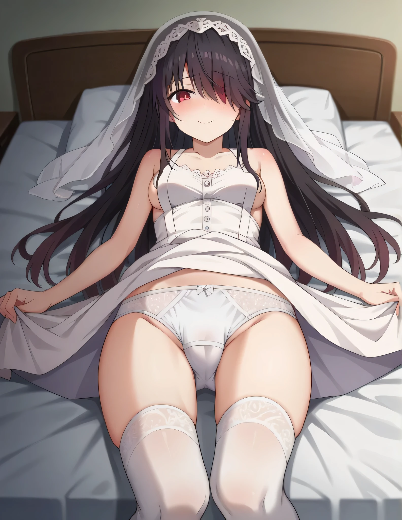 score_9, score_8_up, score_7_up, source_anime, 
kurumitokisaki, kurumi tokisaki, long hair, black hair, red eyes, hair over one eye, smile,
white dress, lift dress, white veil, white briefs,
indoors, on the bed, blush, 
looking at viewer, side lying, 
white sling stockings,