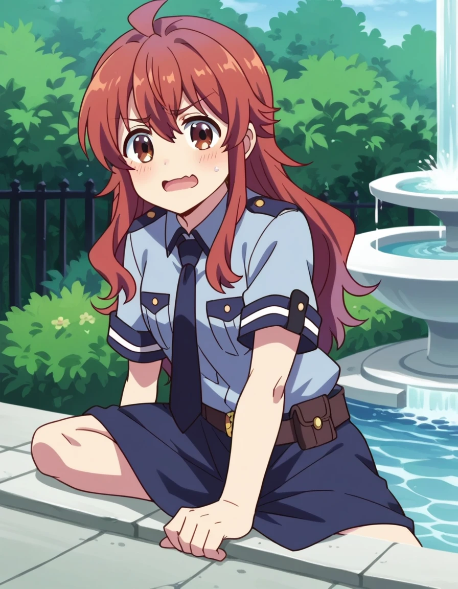 score_10, score_8, sharp, cheered up screencap, Flat colors, flat shadows,fountain_cheered up, cheered up,BREAK, Yoshida Yuuko \(Mazoku de Machikado\),Brown eyes,Red hair,wide, He drowned, dressed as a police officer