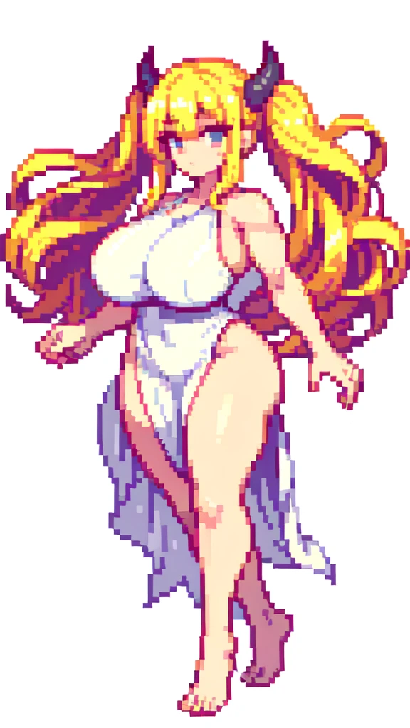 bbw,muscle,devil,barefoot,{{lift one leg}},{{very muscular}},{{very gigantic breasts}} ,{{very curvy}} , ,masterpiece , best quality , pixel art , 1 girl ,{full body},  voluptuous ,twintails,blonde hair ,white dress,white background