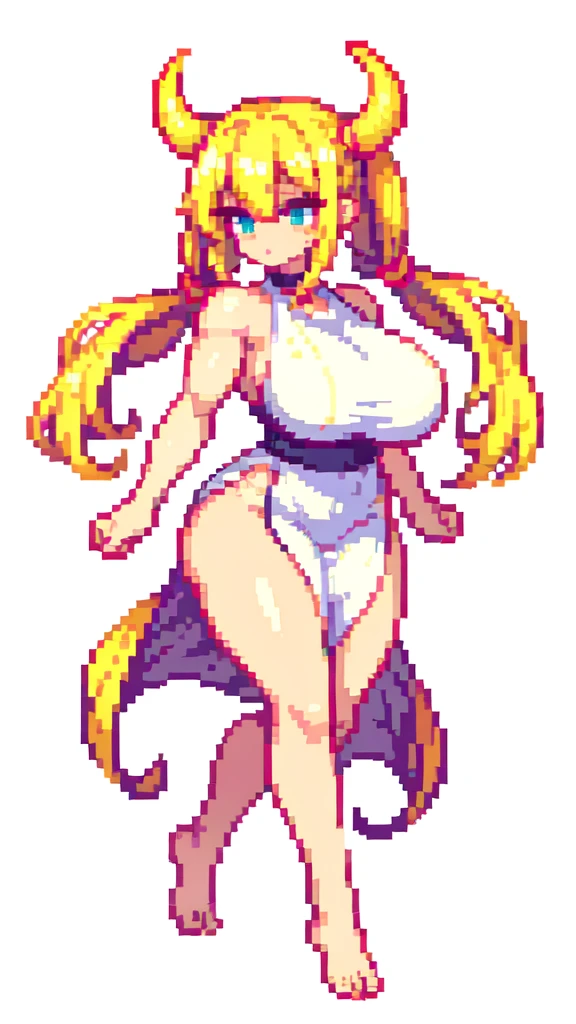 bbw,muscle,devil,barefoot,{{lift one leg}},{{very muscular}},{{very gigantic breasts}} ,{{very curvy}} , ,masterpiece , best quality , pixel art , 1 girl ,{full body},  voluptuous ,twintails,blonde hair ,white dress,white background