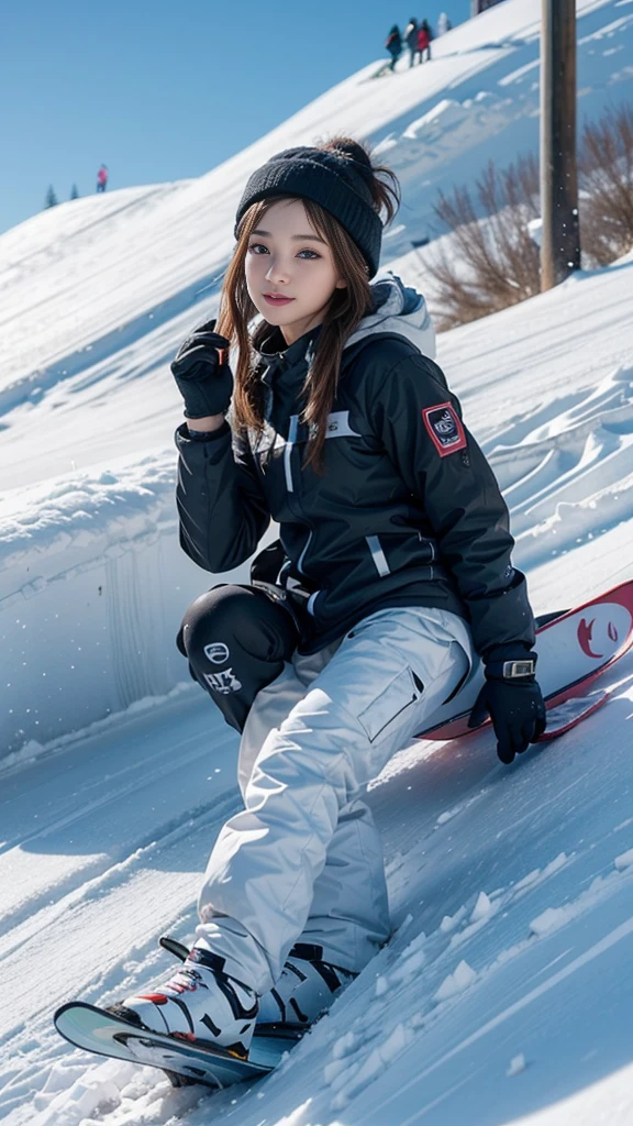 ((A beautiful girl snowboarding down the slope)), (Outstanding style), ((Perfect Anatomy)), (Professional photography techniques), ((Snowboarding wear that attracts attention)), Ultra-detailed, Portrait of a beautiful girl, Highest quality, 8K, masterpiece, RAW Photos