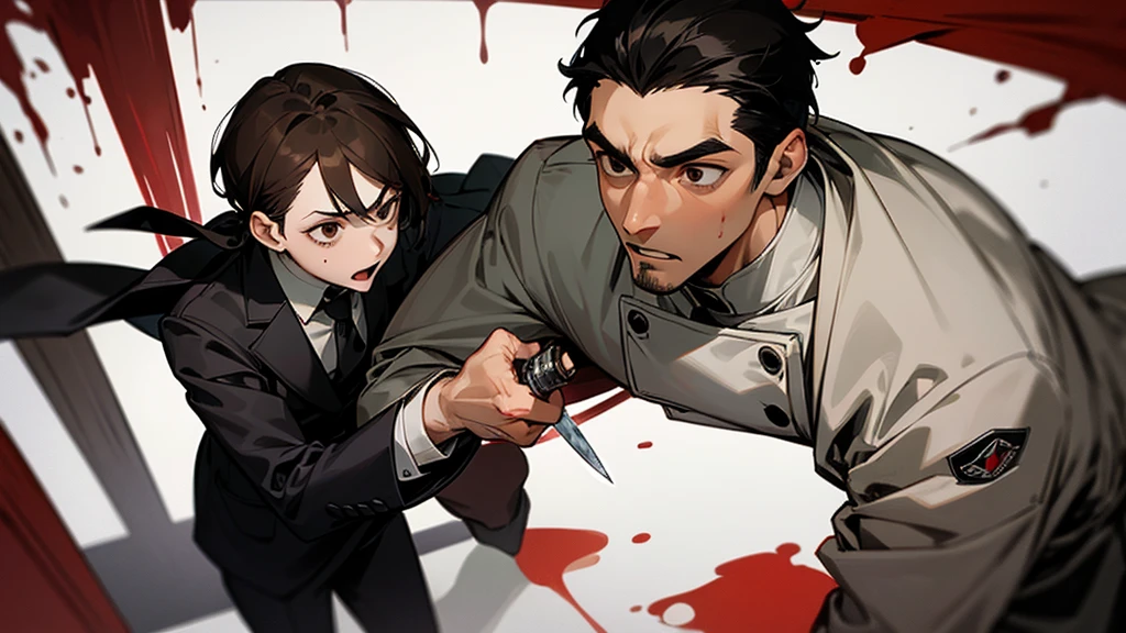 A man with black hair, black eyes, a sadistic face, covered in blood, holding a kitchen knife, wearing a chef's uniform. The person standing next to him was a man with brown hair, brown eyes, and his face looked frightened. wearing a black suit
