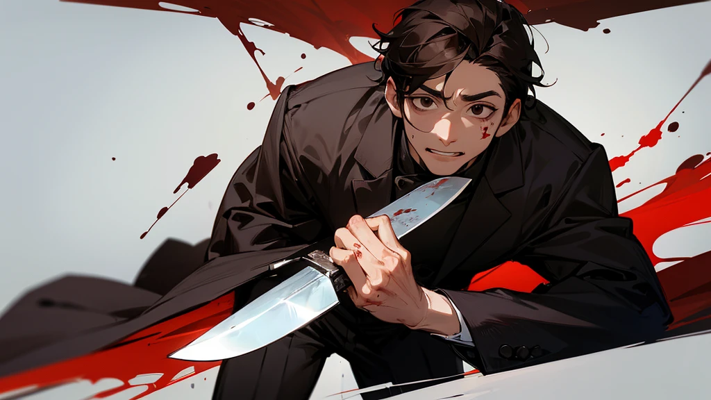 A man with black hair, black eyes, a sadistic face, covered in blood, holding a kitchen knife, wearing a chef's uniform. The person standing next to him was a man with brown hair, brown eyes, and his face looked frightened. wearing a black suit