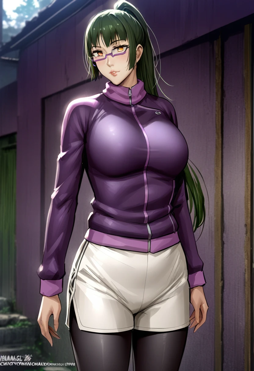 hmanga, (masterpiece, finely detailed beautiful eyes : 1.2), hdr, realistic, high resolution, (best quality, masterpiece:1.2), ultra detailed, (anime), 1girl, maki exp, green hair, ponytail, long hair, brown eyes, purple glasses, side locks, large breasts, lips, purple jacket, long sleeves, white shorts, leggings, leggings under shorts, standing, (front view),