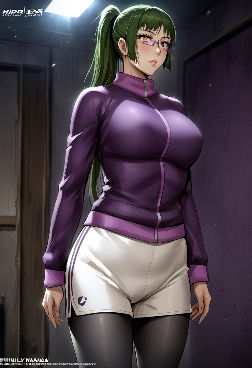 hmanga, (masterpiece, finely detailed beautiful eyes : 1.2), hdr, realistic, high resolution, (best quality, masterpiece:1.2), ultra detailed, (anime), 1girl, maki exp, green hair, ponytail, long hair, brown eyes, purple glasses, side locks, large breasts, lips, purple jacket, long sleeves, white shorts, leggings, leggings under shorts, standing, (front view),