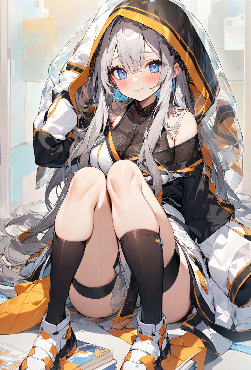 ((Highest quality)), ((masterpiece)), ((Very detailed)), (Very mature),A cute, gentle-looking female high school student with black hair and a height of about 165cm.,A female high school student with big breasts and a cute smile wearing a transparent blue waifus with a cute patterned hood and bare shoulders, A gentle woman with a slightly long vertical face,Small Faced Woman,alone, Cute attitude,(background(bright),Long Hair - Straight,Knee-high socks、A transparent blue veil with a cute pattern and white hood with off-the-shoulder sleeves,White wall、Sitting、Facing the viewer、縁に模様がある壁が1面のbackground
