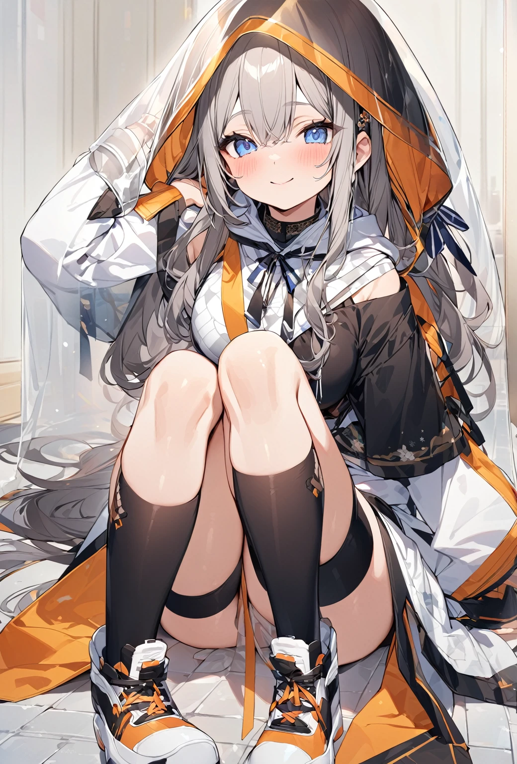 ((Highest quality)), ((masterpiece)), ((Very detailed)), (Very mature),A cute, gentle-looking female high school student with black hair and a height of about 165cm.,A female high school student with big breasts and a cute smile wearing a transparent blue waifus with a cute patterned hood and bare shoulders, A gentle woman with a slightly long vertical face,Small Faced Woman,alone, Cute attitude,(background(bright),Long Hair - Straight,Knee-high socks、A transparent blue veil with a cute pattern and white hood with off-the-shoulder sleeves,White wall、Sitting、Facing the viewer、縁に模様がある壁が1面のbackground