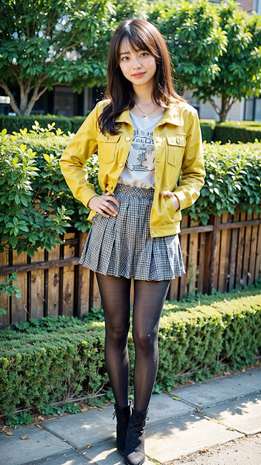 (8K、RAW Photos、Highest quality、masterpiece:1.2)、(Realistic、Realistic)、1 Girl、((Medium Hair、Yellow Jacket、tights、Black pleated mini skirt、boots、Big Breasts、whole body、garden、smile、View from the front、Looking into the camera、Stand with hands on hips))、