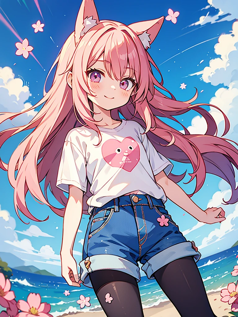 Anime style,shota,pink long hair,denim shorts,long pantyhose,beaming face,