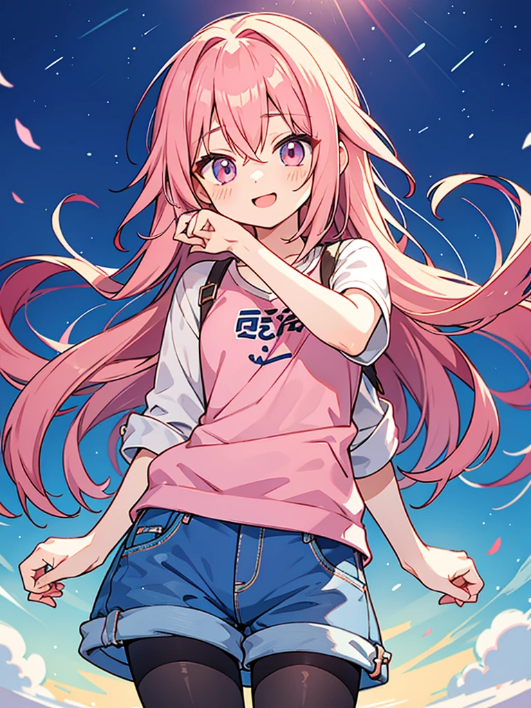 Anime style,shota,pink long hair,denim shorts,long pantyhose,beaming face,