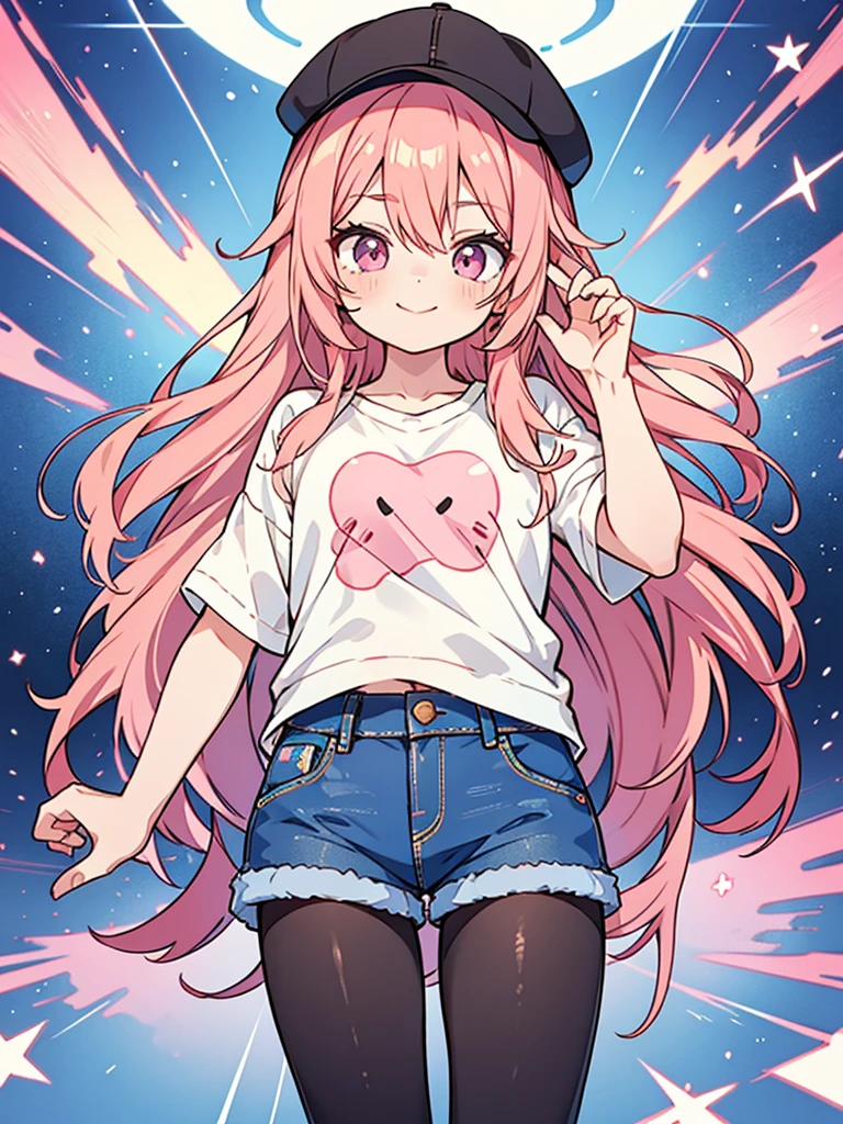 Anime style,shota,pink long hair,denim shorts,long pantyhose,beaming face,