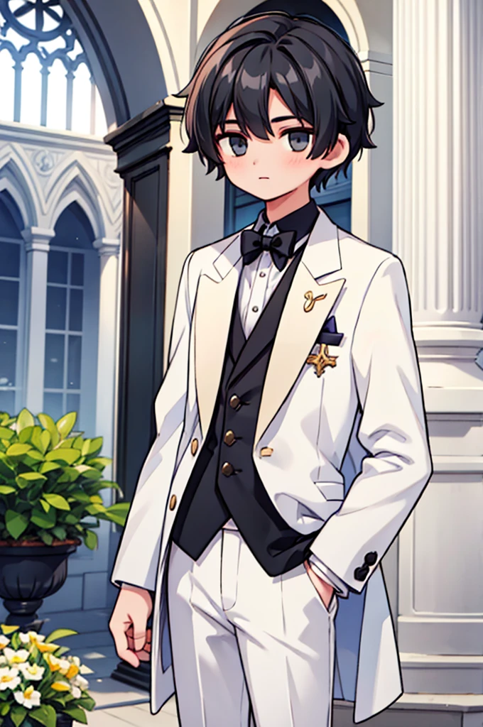 19-year-old young man, Short black hair, Three white eyes, In front of the church, White Tuxedo