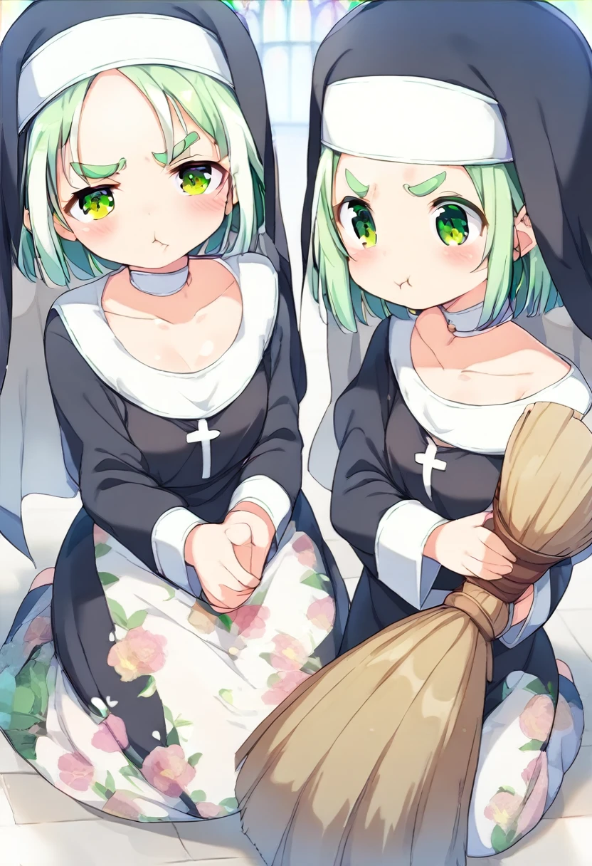 score_9, ,score_7_up, score_6_up, 1girl, source_cartoon, source_anime,breathtalking Scenery,watercolor,smooth soft skin, natural skin,bnp
BREAK 
(:1.4),(little female child:1.4), small breast,cute face, (lolidler:1.1), 6 yo,kawaii, (highlight on eyes), (jiggly:0.8), shiny skin,beautiful eyes, detailed eyes, puffy eyes,
BREAK 
(medium green hair:1.3),(green maro eyebrows:1.6),pouty and slightly grumpy,(pout:1.2), ::(, (jitome),(frown:0.6),white streaked hair, green eyes, 
BREAK 
(Floral print nun dress), (pastel veil:1.2),choker,nun,excessive detailed collarbone,exposed collarbone, dynamicangle,full body, wide long shot,from behind,
BREAK
Broom handling,Hold a broom,Clean up,Sweep the floor,Ancient temple ruins hidden in a dense jungle,stained glass,Window,Tidy up.bookshelf,