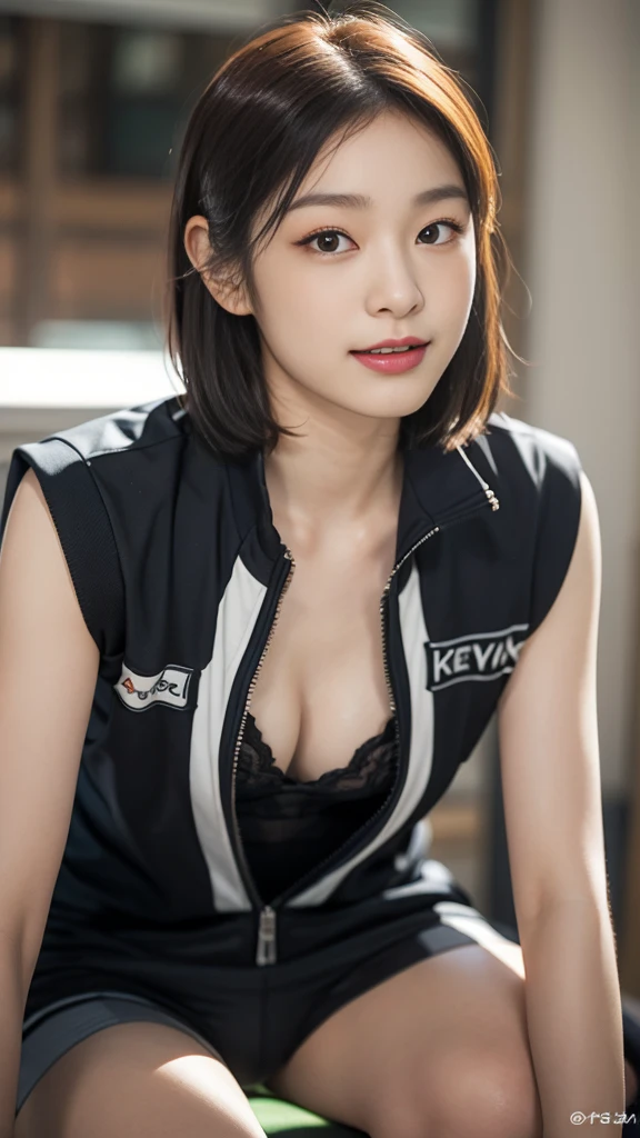 Highly detailed CG unity 8k wallpaper, of the highest quality, Super detailed, masutepiece, Realistic, photographrealistic, extremely detailed cute girl, 25yo, cleavage , (perspired) ,  Round eyes, peeping at the viewer,  Blush, Smile, parted lip, Semi-body shot , Realistic、track suit、Realistic reproduction with vests ,  Panties , Squat, sports gym, short  hair 