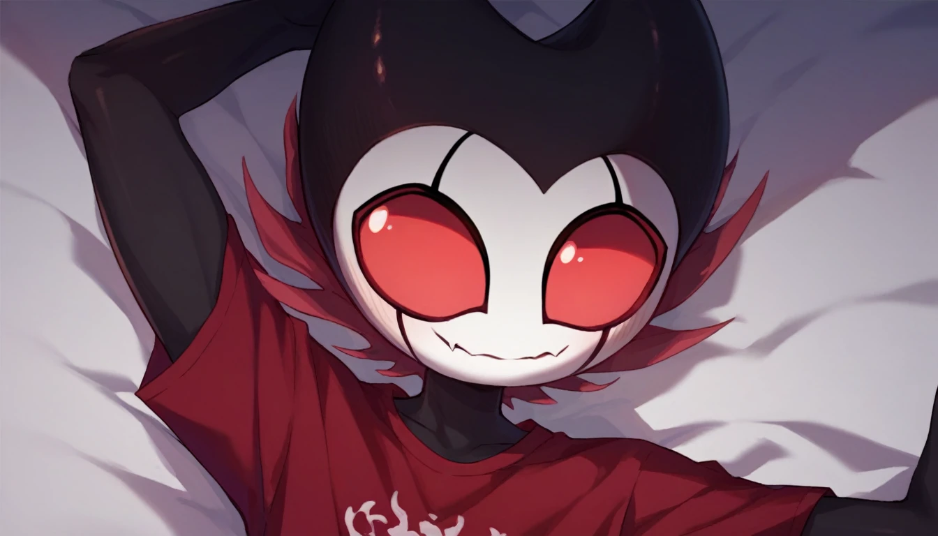 score_9, score_8_up, score_7_up, score_6_up, zPDXL2, grimm \(hollow knight\), vampire, bat, 1boy, solo, cute face, detailed eyes, red t-shirt, white shorts, male focus, portrait