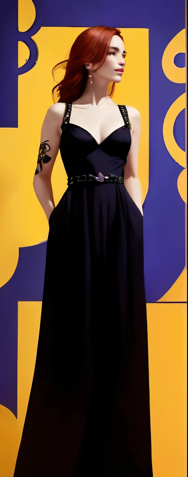 arafed woman in a black dress standing in front of a yellow and blue wall, violet and black, edited, full body portrait shot, fullbody view, dark black long dress, full body close-up shot, full body view, by Eva Gonzalès, stylish dark dress, long dress female, garbed in a purple gown