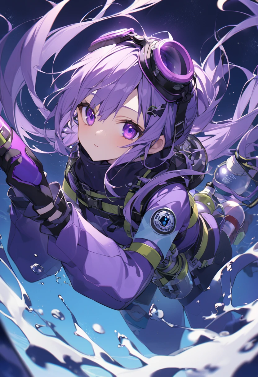 Keito。Purple Eyes。紫の上半身と下半身divingスーツ。diving。Purple Goggles。Oxygen cylinder。The skin is hidden。diving用足ひれ。gloves