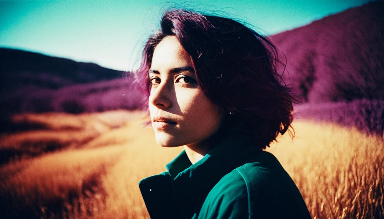 Portrait photo, woman, natural lighting,
landscape, lomochrome -