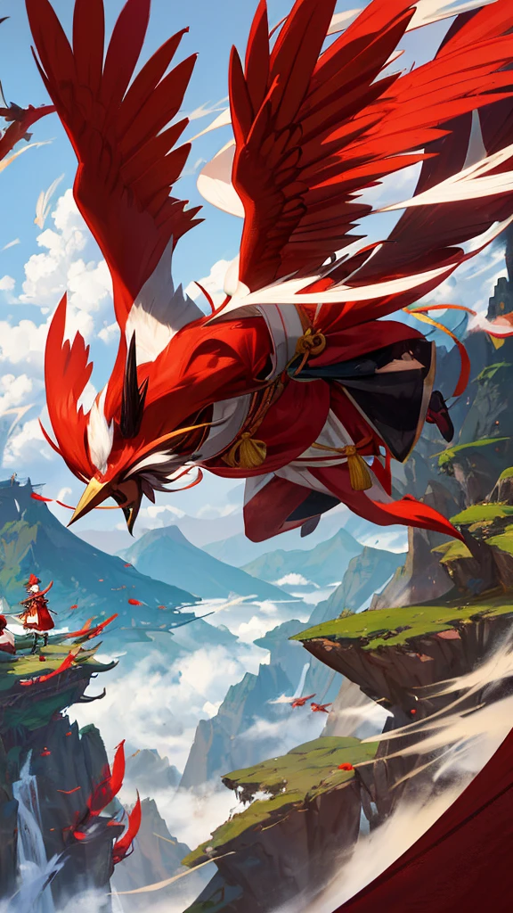 Create an illustration of a Tengu, a mythical creature from Japanese folklore. It has a large nose, red face, and wears traditional Japanese clothing. The Tengu has wings on its back and is seen flying over a mountain landscape. The scene should have a mystical and powerful aura.