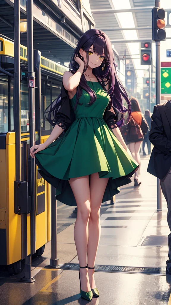 Beautiful Woman, Full Body, Standing Down, Long Hair, Dark Purple Hair, Mini Green Dress, High Heels, Smiling, Yellow Eyes, Bus Station Background