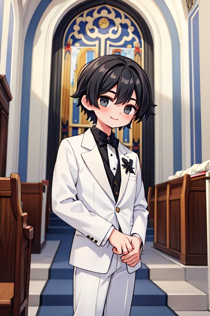 19-year-old young man, Short black hair, Three white eyes, In front of the church, White Tuxedo, Smiling a little