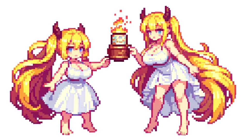 bbw,muscle,devil,barefoot,{{lift one leg}},{{very muscular}},{{very gigantic breasts}} ,{{very curvy}} , ,masterpiece , best quality , pixel art , 1 girl ,{full body},  voluptuous ,twintails,blonde hair ,white dress,white background