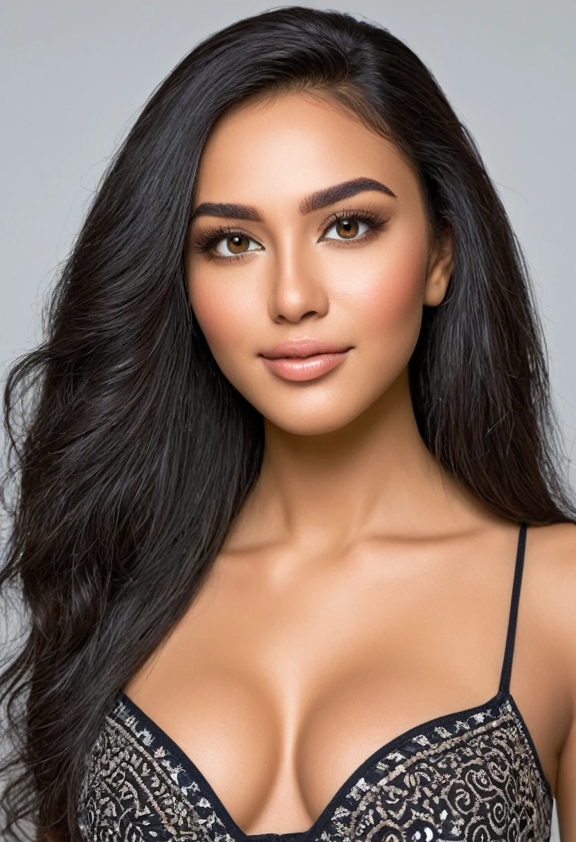 A beautiful woman, beautiful Latina face, Young Brazilian Nyvi Estephan, Brazilian supermodel, serene and elegant beauty, Angolan descent, young adult 30 years old, nerdy woman, tall woman, a stunning black woman, with indigenous features, beautiful indigenous girl, native Brazilian, ((An African girl indigenous European ebony)), ((her beauty is undeniable)), beautiful young ebony with dark skin, tanned Mexican, long black hair, straight black hair, has an exotic beauty with beautiful eyes, realistic eyes , bright eyes, ultra detailed eyes, ultra realistic eyes, natural eyes, ultra detailed iris, perfect eyes, perfect iris, hyper realistic eyes, eyeliner, long and defined eyelashes, penetrating look that conveys confidence, striking, powerful expression, strong presence, striking makeup, full, voluminous lips, seductive lips, captivating, striking, unforgettable, dazzling, mischievous smile, wide smile, your features are captivating, subtle smile on your lips, beautiful and detailed face, detailed skin texture, Notice your shaped eyebrows perfect shape, which arch gracefully above the eyes, a small nose that is proportionate to the face and the soft contour of the face that accentuates the high cheekbones. Beautiful and glowing skin, intricate details, smooth skin, healthy and radiant appearance, Attractive slim woman, Average bust, Average and beautiful breasts, athletic physique, flat stomach, slim waist, huge hips, wide hips, big ass, thick thighs, legs shapely Concept art .3D 4k, high resolution, full sharpness photo realistic, breathtaking, Lentille nette, Photographie professionnelle, Objectif 70mm, Unreal Engine 5, wallpaper, colorful, art, (Hdr: 1.5), hyperdetailed, (ArtStation: 1.5) rich color, hyper-realistic, realistic texture, (dramatic lighting), Cinestill 800