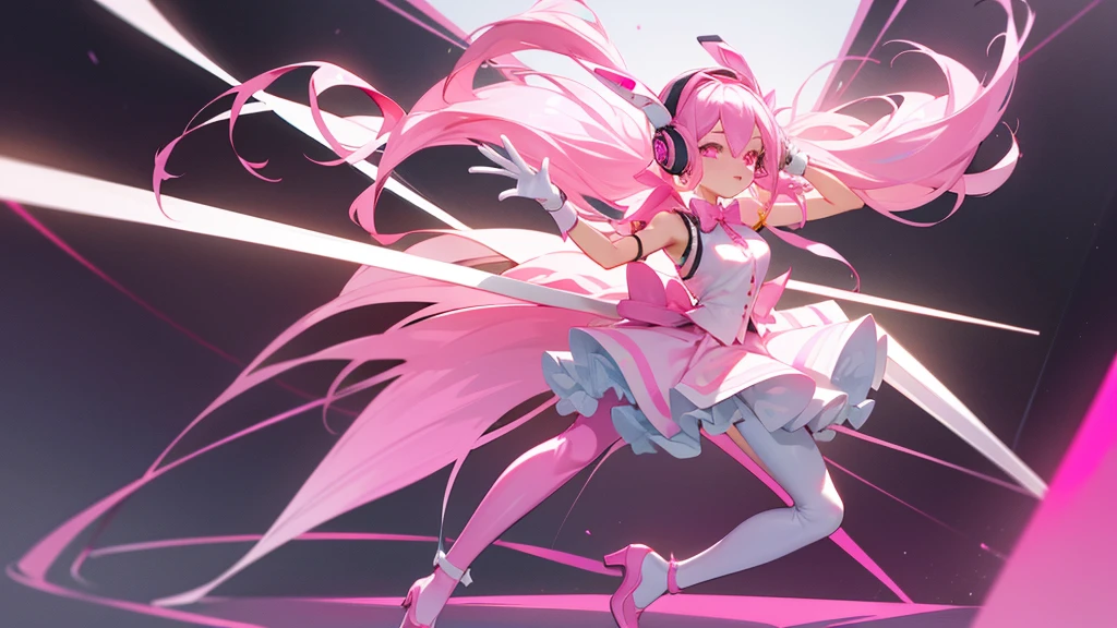 A woman with pink hair, long flowing hair, a mannequin figure, has rabbit bow robot headphones and pink eyes, has a cute face, wears a white sleeveless shirt with a pink skirt attached. There's a pink tie. Wear white gloves, pink cuffs, and pink high heels. Standing and posing like an idol
