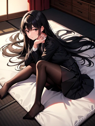Highest quality、girl、OL、Long black hair、Black business suit、Black tie、Black Skirt、Black Pantyhose、No shoes、whole body、Tatami room、Laying down、indoor