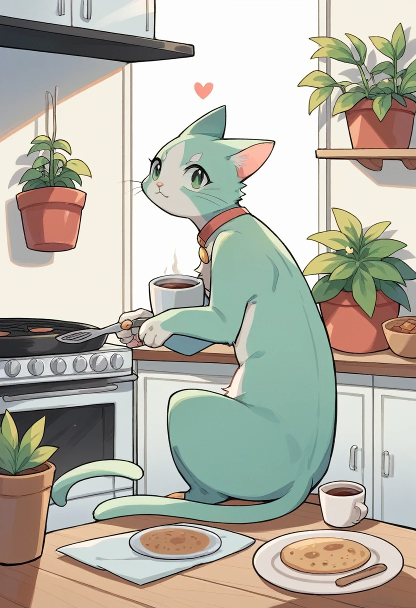 SD Main, Flat Illustration,
masterpiece, Highest quality, cooking, Cat，Girl,  plant, heart, potted plant, White Background, coffee mug, Sitting, alone, kitchen，アイランドkitchen，Making sweets，cooking作っている
 