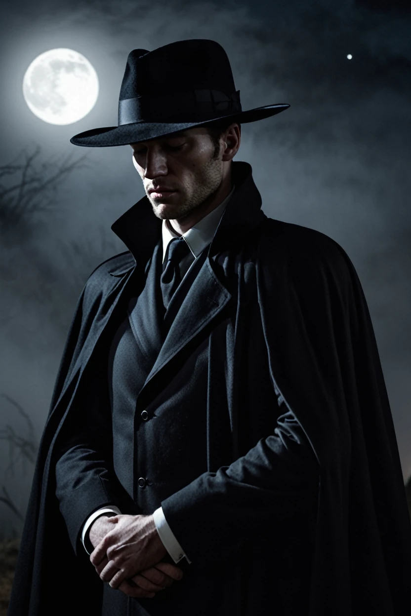 Wearing a black cape and black fedora，In the dim moonlight，On the war zone, Very sleepy and shy, 