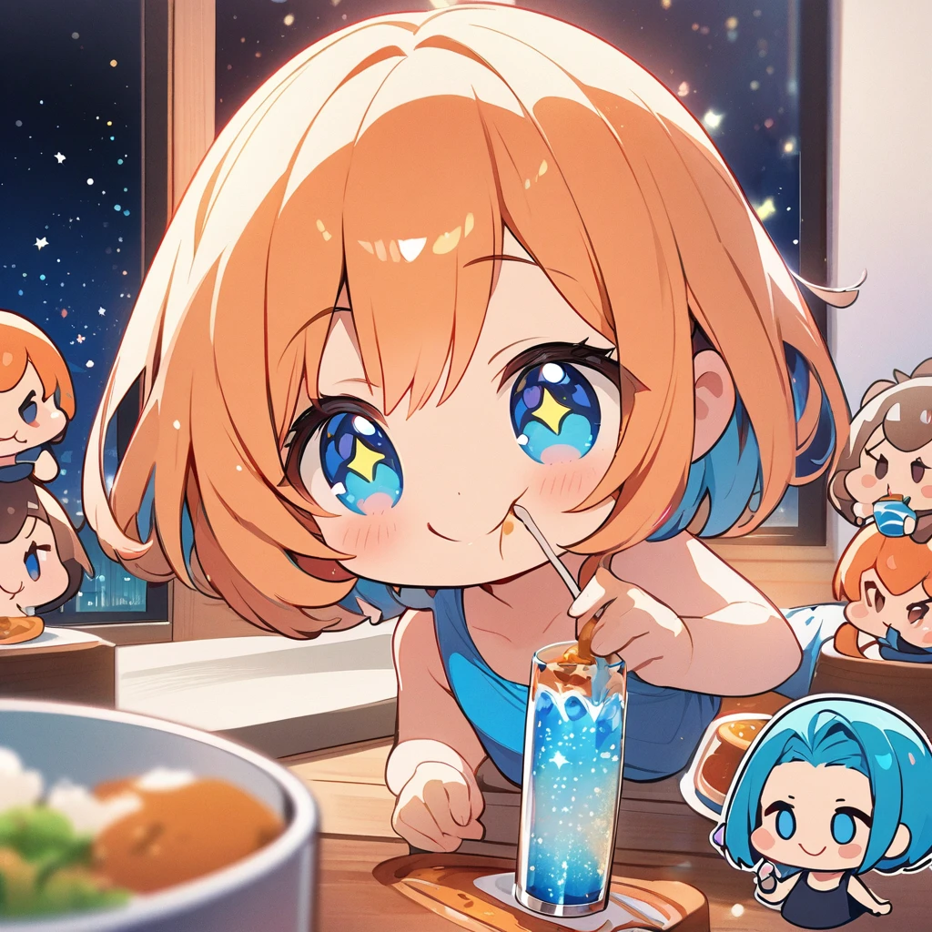 masterpiece、Highest quality、Depth of subject、２D illustration、1 beautiful girl、独奏, (((chibi style)))、((night)), ((window)), ((starry sky)), Long, beautiful hair、Shiny orange hair、cute、Beautifully detailed eyes、((Tank top))、a glass of blue soda, ((colorful))、mini skirt、((happy smile))、((cat cluster)), ((close up shot))、((in the room))、((There&#39;s a lot of pink around))、Thighs、((vivid color))、sparkle、((Lens flare))、