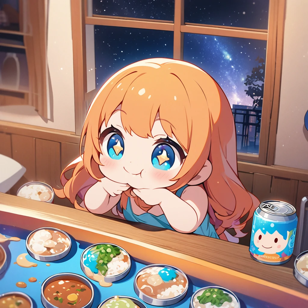 masterpiece、Highest quality、Depth of subject、2D illustration、1 beautiful girl、独奏, (((chibi style)))、((night)), ((window)), ((starry sky)), Long, beautiful hair、Shiny orange hair、cute、Beautifully detailed eyes、((Tank top))、a glass of blue soda, ((colorful))、mini skirt、((happy smile))、((Canned Chuhai)), ((close up shot))、((eating curry)), ((in the room))、((There's a lot of pink around))、Thighs、((vivid color))、sparkle、((Lens flare))、