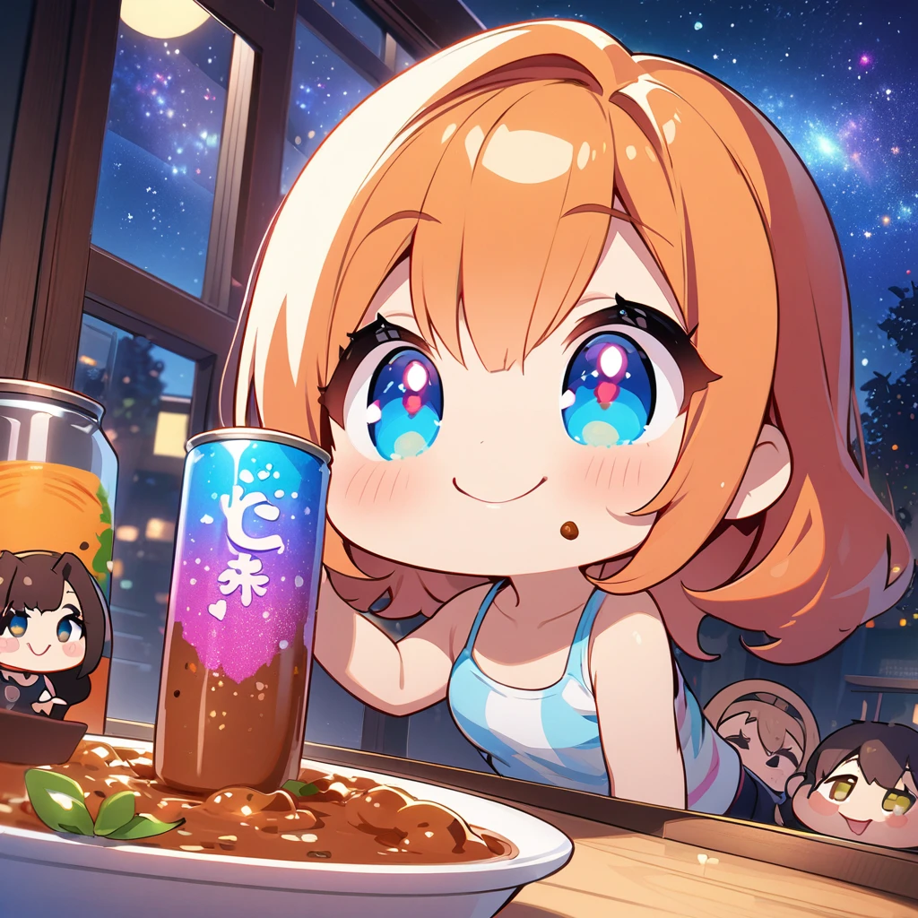 masterpiece、Highest quality、Depth of subject、2D illustration、1 beautiful girl、独奏, (((chibi style)))、((night)), ((window)), ((starry sky)), Long, beautiful hair、Shiny orange hair、cute、Beautifully detailed eyes、((Tank top))、a glass of blue soda, ((colorful))、mini skirt、((happy smile))、((Canned Chuhai)), ((close up shot))、((eating curry)), ((in the room))、((There's a lot of pink around))、Thighs、((vivid color))、sparkle、((Lens flare))、