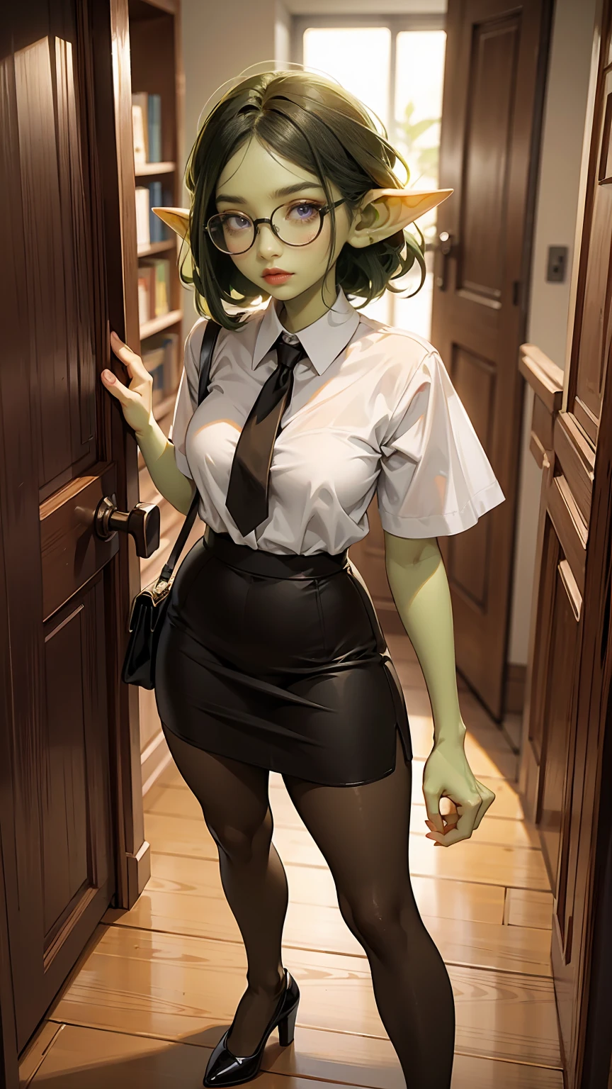 ((best quality)), ((masterpiece)), (detailed), perfect face, ((green skin)), pointy ears, very shy, tiny breasts, wearing black rimmed glasses, short dark hair, wearing white blouse and black shirt and black pantyhose and back pumps, night outside, carrying purse, in an office building, heading for the door to go home, business attire, perfect hands, dynamic pose, soft lighting