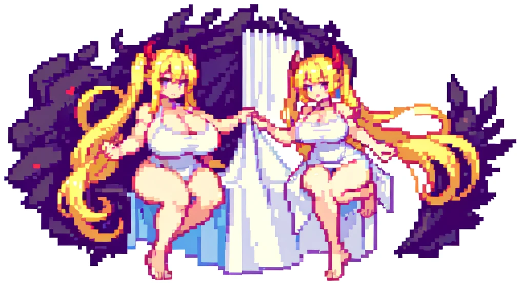 bbw,muscle,devil,barefoot,{{lift one leg}},{{very muscular}},{{very gigantic breasts}} ,{{very curvy}} , ,masterpiece , best quality , pixel art , 1 girl ,{full body}, voluptuous ,twintails,blonde hair ,white dress,white background