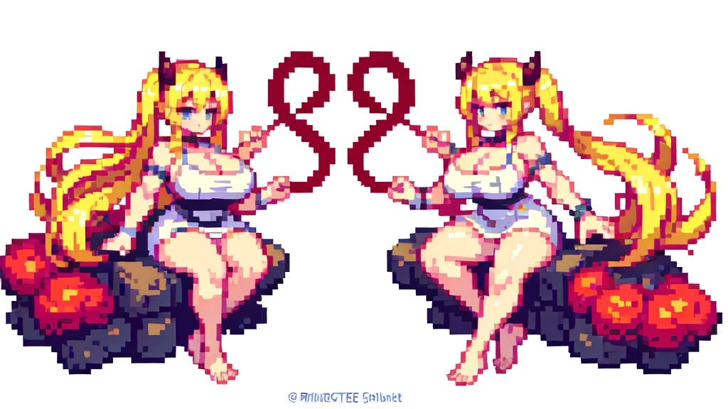 bbw,muscle,devil,barefoot,{{lift one leg}},{{very muscular}},{{very gigantic breasts}} ,{{very curvy}} , ,masterpiece , best quality , pixel art , 1 girl ,{full body}, voluptuous ,twintails,blonde hair ,white dress,white background
