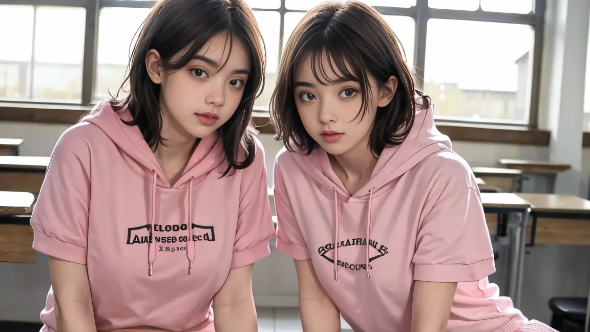 deux femmes ensemble de 18 ans sexy et mince , pink short sleeve hoodie , salle de classe, se touche,position sey,sensuel