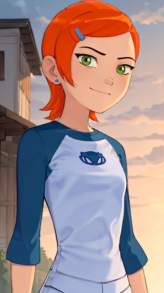 ((best quality)), ((highly detailed)), masterpiece, absurdres, (detailed eyes, deep eyes), (1girl), dynamic pose, upper body, gwen, hairclip, smiling, blue shirt, raglan sleeves, white pants, (outside, in a wild west town, sunset) , hot body , seyy , medium breasts 