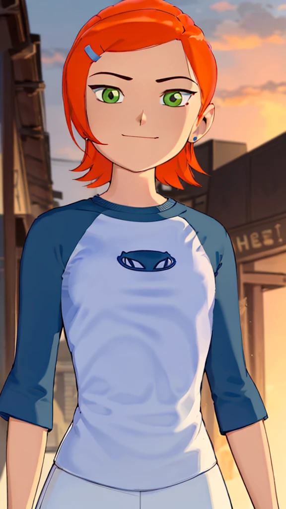 ((best quality)), ((highly detailed)), masterpiece, absurdres, (detailed eyes, deep eyes), (1girl), dynamic pose, upper body, gwen, hairclip, smiling, blue shirt, raglan sleeves, white pants, (outside, in a wild west town, sunset) , hot body , seyy , medium breasts 