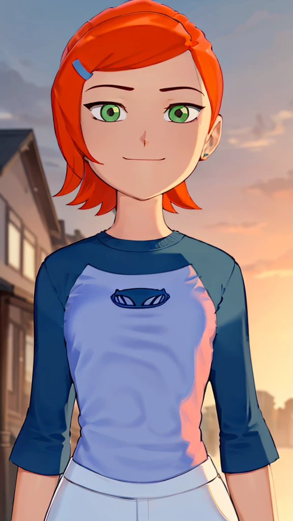 ((best quality)), ((highly detailed)), masterpiece, absurdres, (detailed eyes, deep eyes), (1girl), dynamic pose, upper body, gwen, hairclip, smiling, blue shirt, raglan sleeves, white pants, (outside, in a wild west town, sunset) , hot body , seyy , medium breasts 