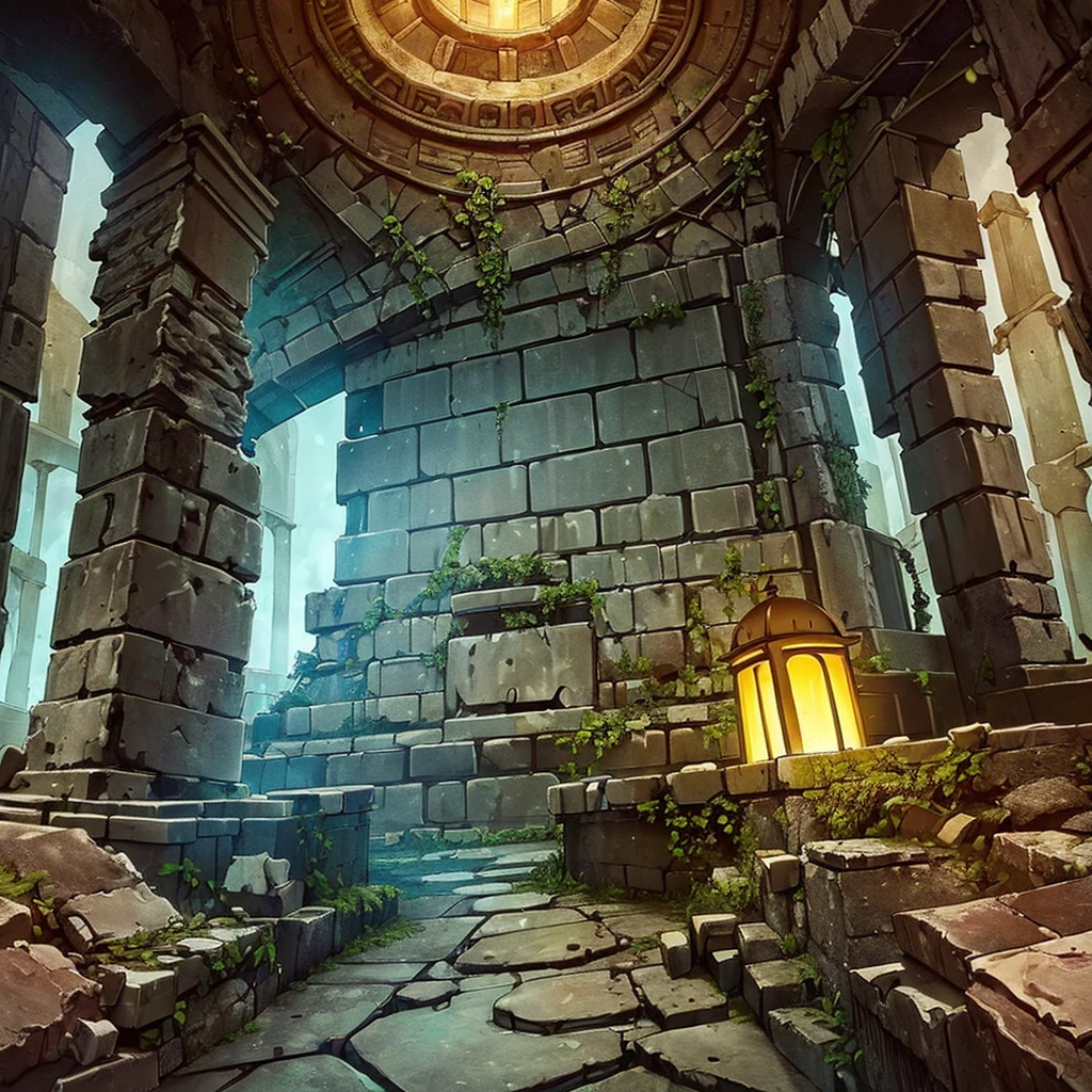 ((((No humans))))、Highest quality, Best Quality,((((Ancient ruins、rock、get lost、In the dungeon))))、Yellow glowing pedestal、(The whole thing shines)