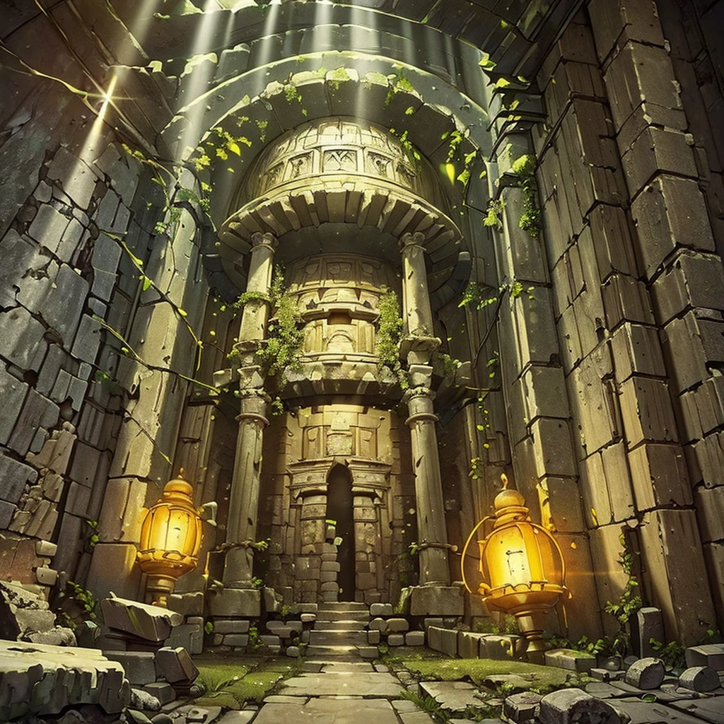 ((((No humans))))、Highest quality, Best Quality,((((Ancient ruins、rock、get lost、In the dungeon))))、Yellow glowing pedestal、(The whole thing shines)