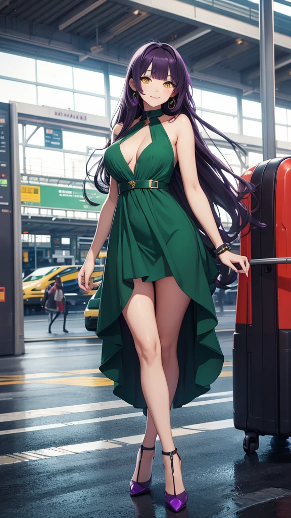 Beautiful Woman, Full Body, Standing, Long Hair, Dark Purple Hair, Mini Green Dress, High Heels, Smiling, Yellow Eyes, Bus Station Background